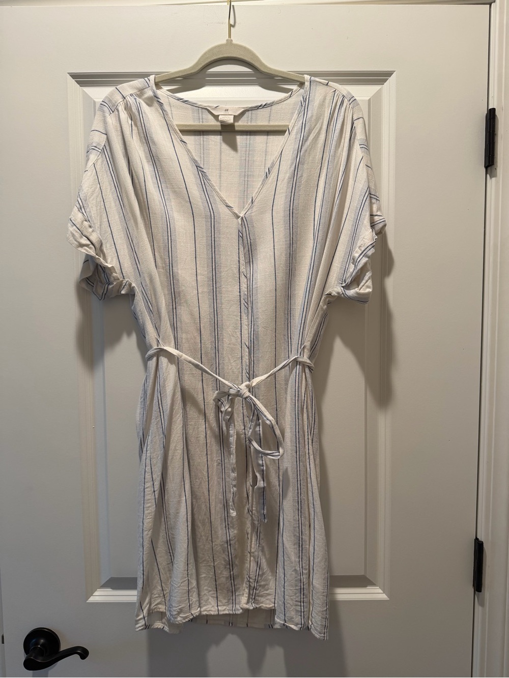 H&M White and Blue Striped V-Neck Tie-Waist Mini Dress